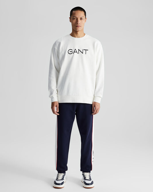 Bawełniane spodnie dresowe męskie z nadrukiem regular fit białe