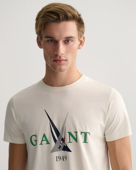 Bawełniany t-shirt męski z nadrukiem regular fit kremowy