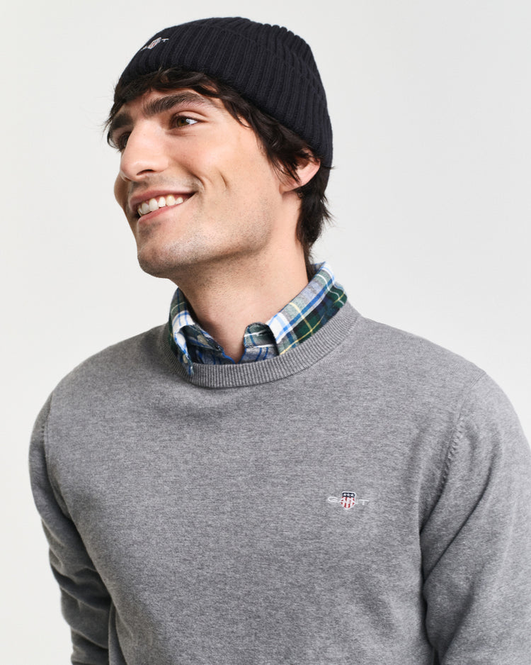 Bawełniany sweter męski okrągły dekolt z długim rękawem regular fit