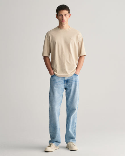 Bawełniany t-shirt męski z nadrukiem relaxed fit beżowy