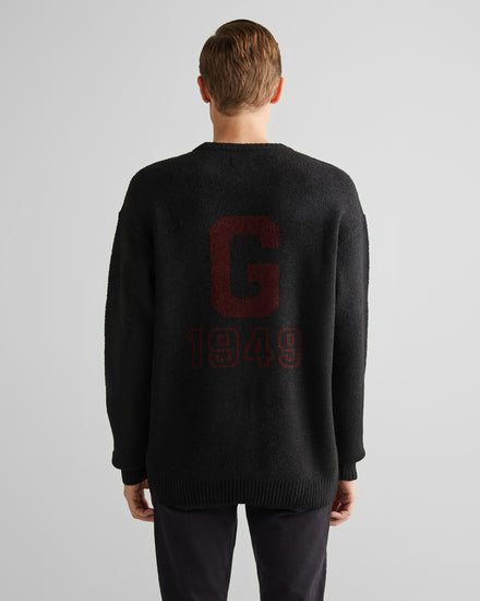 Sweter męski z nadrukiem okrągły kołnierzyk relaxed fit czarny