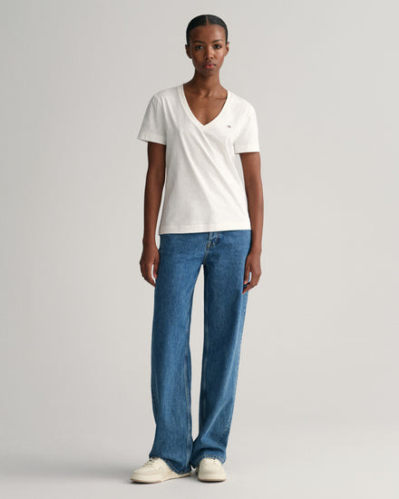 Bawełniana koszulka damska z dekoltem V regular fit biała