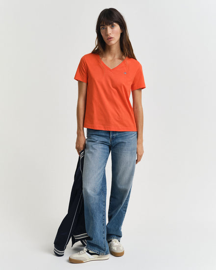 Koszulka damska z dekoltem V z krótkim rękawem regular fit