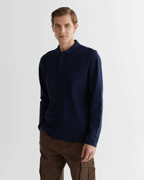 Polo męskie z nadrukiem z długim rękawem regular fit granatowe