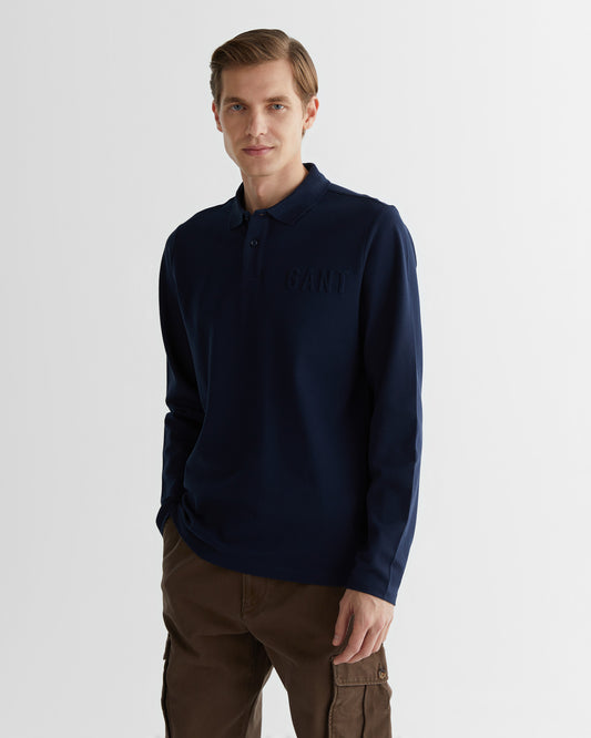 Polo męskie z nadrukiem z długim rękawem regular fit granatowe