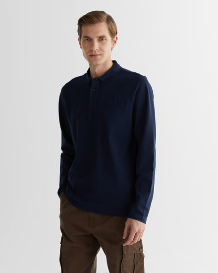Polo męskie z nadrukiem z długim rękawem regular fit granatowe