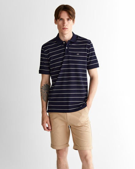 Polo męskie w paski z krótkim rękawem regular fit granatowe