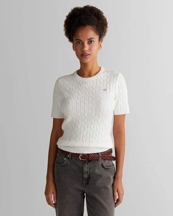 Sweter damski okrągły kołnierzyk z krótkim rękawem slim fit biały