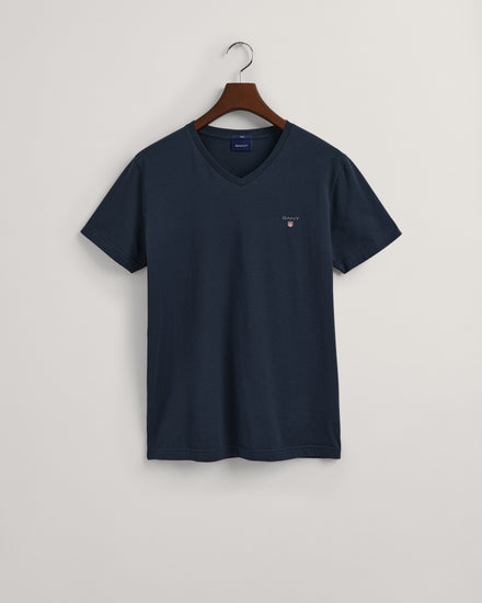 Bawełniany t-shirt męski z dekoltem V slim fit granatowy