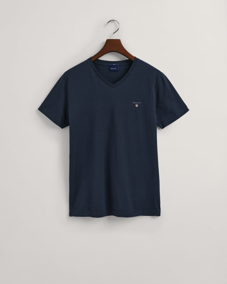 Bawełniany t-shirt męski z dekoltem V slim fit granatowy