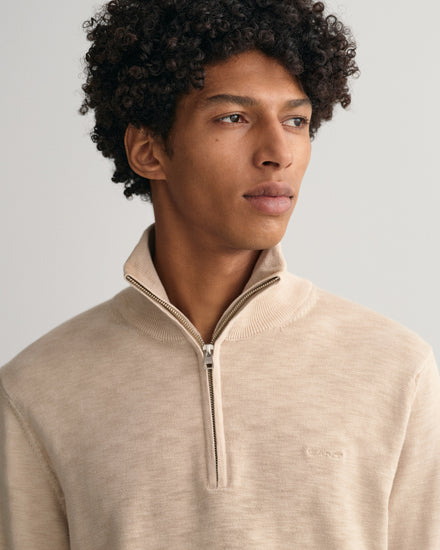 Bawełniany sweter męski z zamkiem do połowy regular fit beżowy
