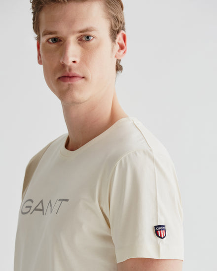 Bawełniany t-shirt męski z nadrukiem regular fit beżowy