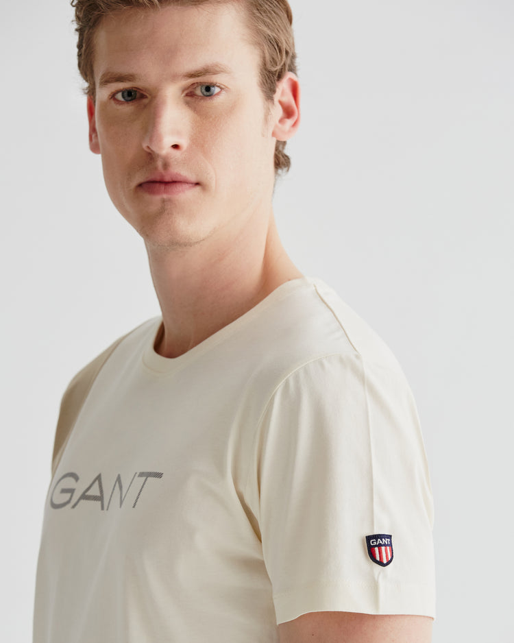 Bawełniany t-shirt męski z nadrukiem regular fit beżowy