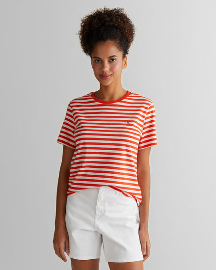 Koszulka damska w paski regular fit pomarańczowa
