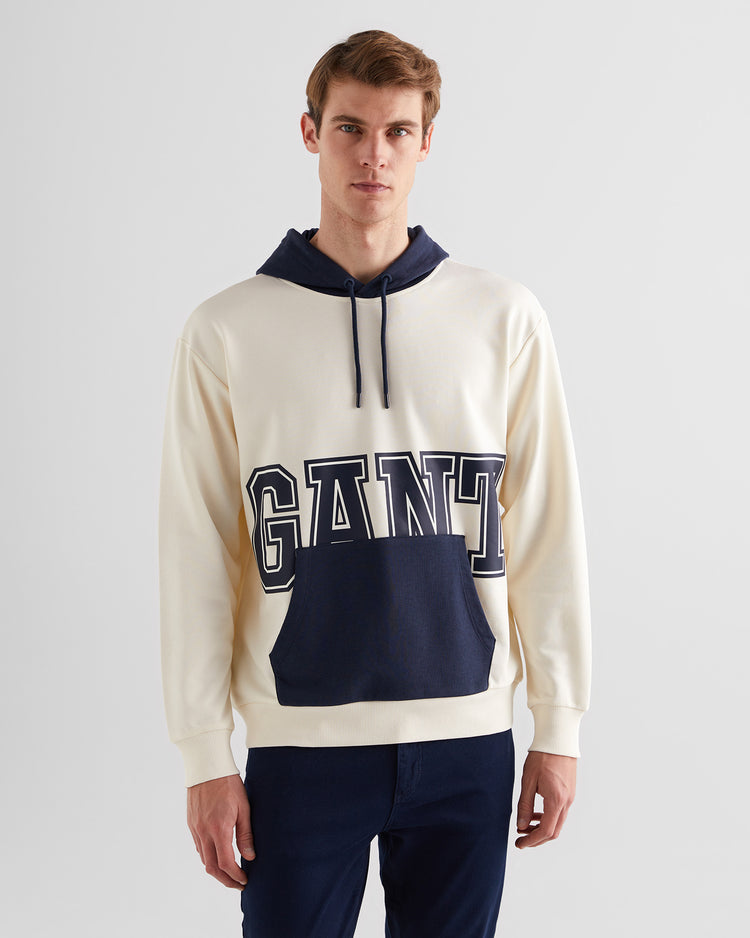 Bawełniana bluza męska z kapturem z nadrukiem regular fit kremowa