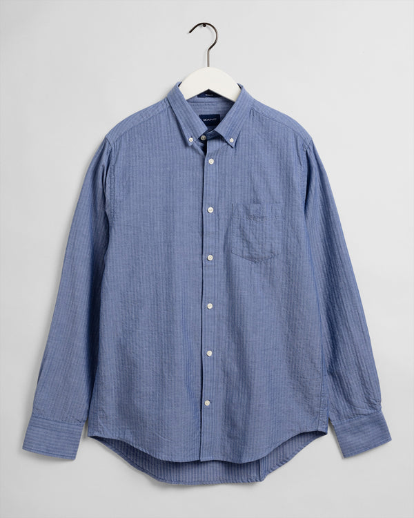 Niebieska bawełniana koszula męska w jodełkę seersucker regular fit