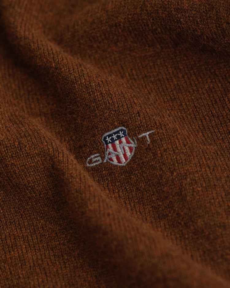 Wełniany sweter męski z dekoltem V regular fit brązowy