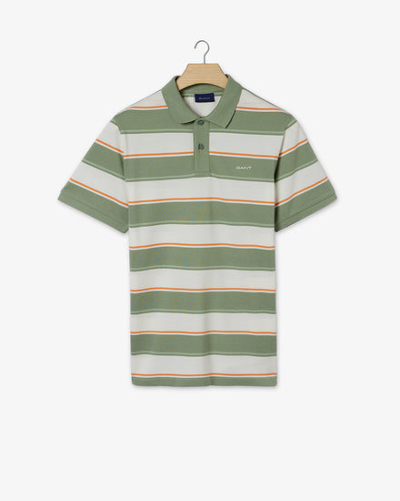 Bawełniane polo męskie w paski z krótkim rękawem regular fit zielone