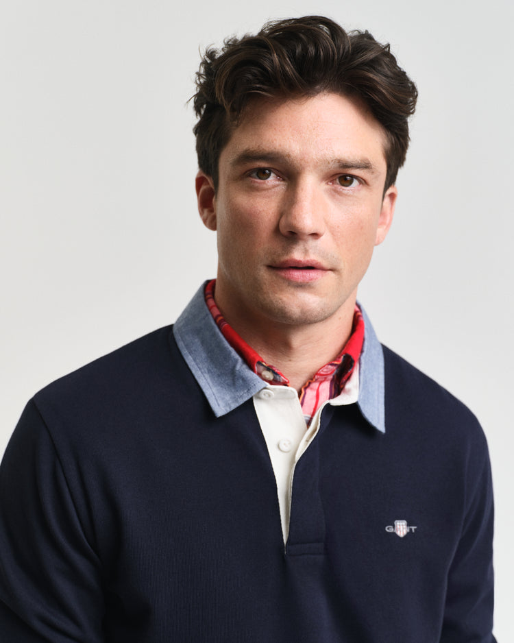 Bawełniana bluza męska polo z długim rękawem regular fit granatowa