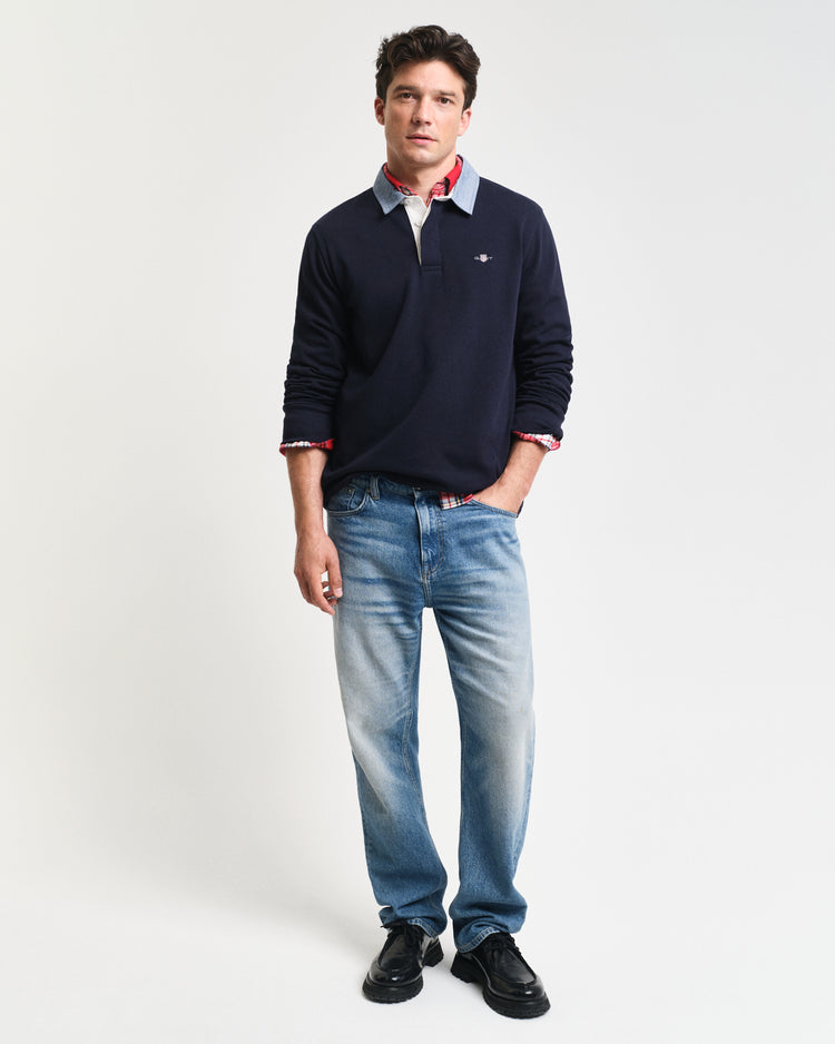 Bawełniana bluza męska polo z długim rękawem regular fit granatowa