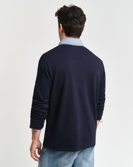 Bawełniana bluza męska polo z długim rękawem regular fit granatowa