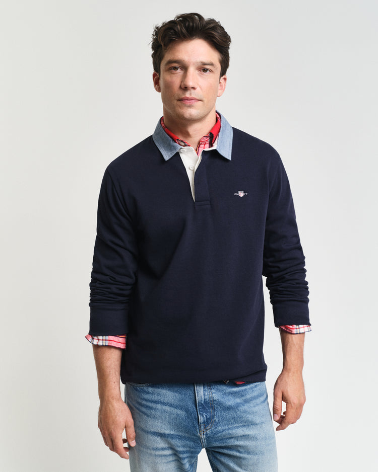 Bawełniana bluza męska polo z długim rękawem regular fit granatowa