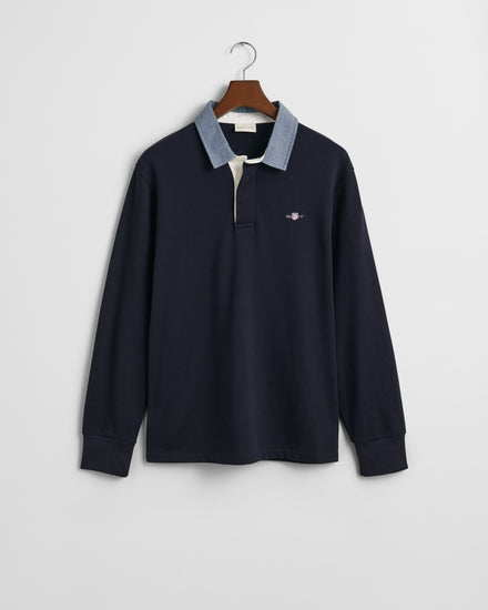 Bawełniana bluza męska polo z długim rękawem regular fit granatowa