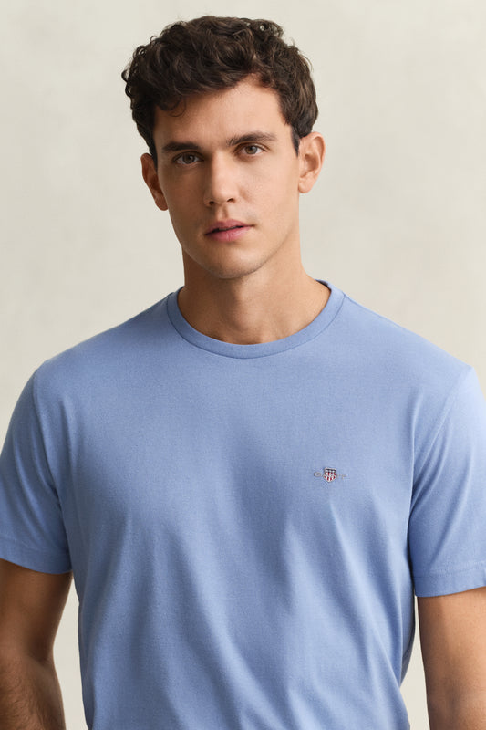 Bawełniany t-shirt męski z okrągłym kołnierzykiem regular fit niebieski