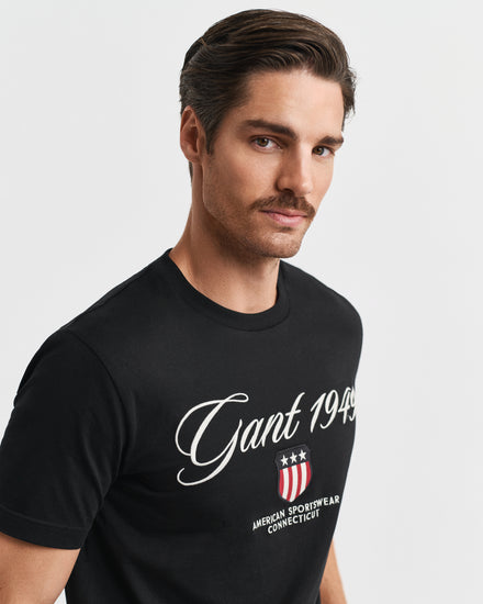 T-shirt męski z nadrukiem i okrągłym kołnierzykiem regular fit czarny