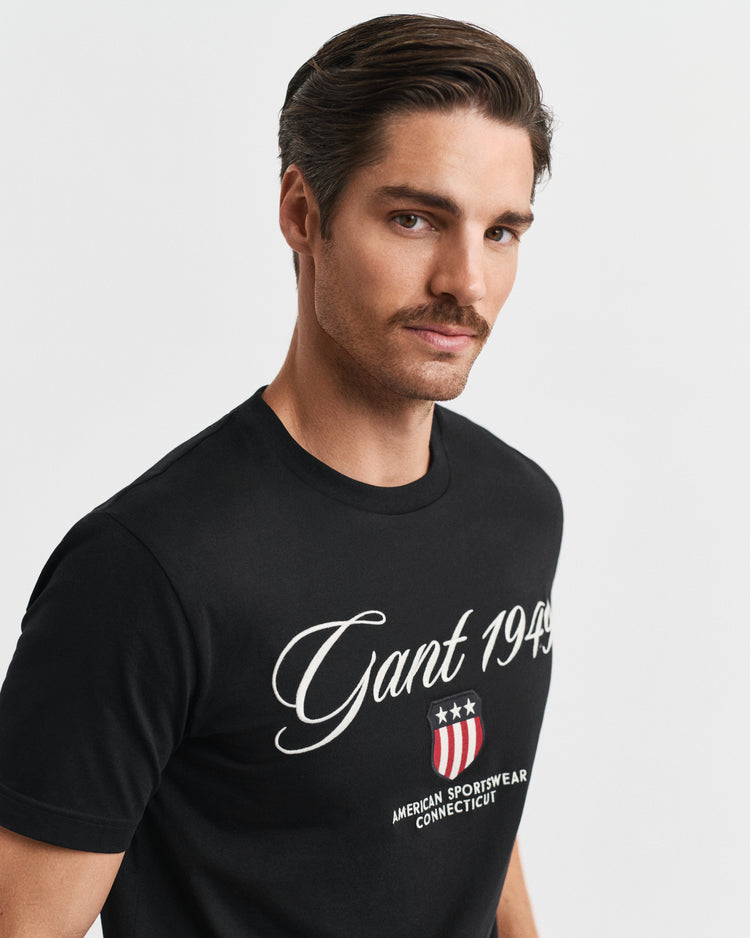 T-shirt męski z nadrukiem i okrągłym kołnierzykiem regular fit czarny
