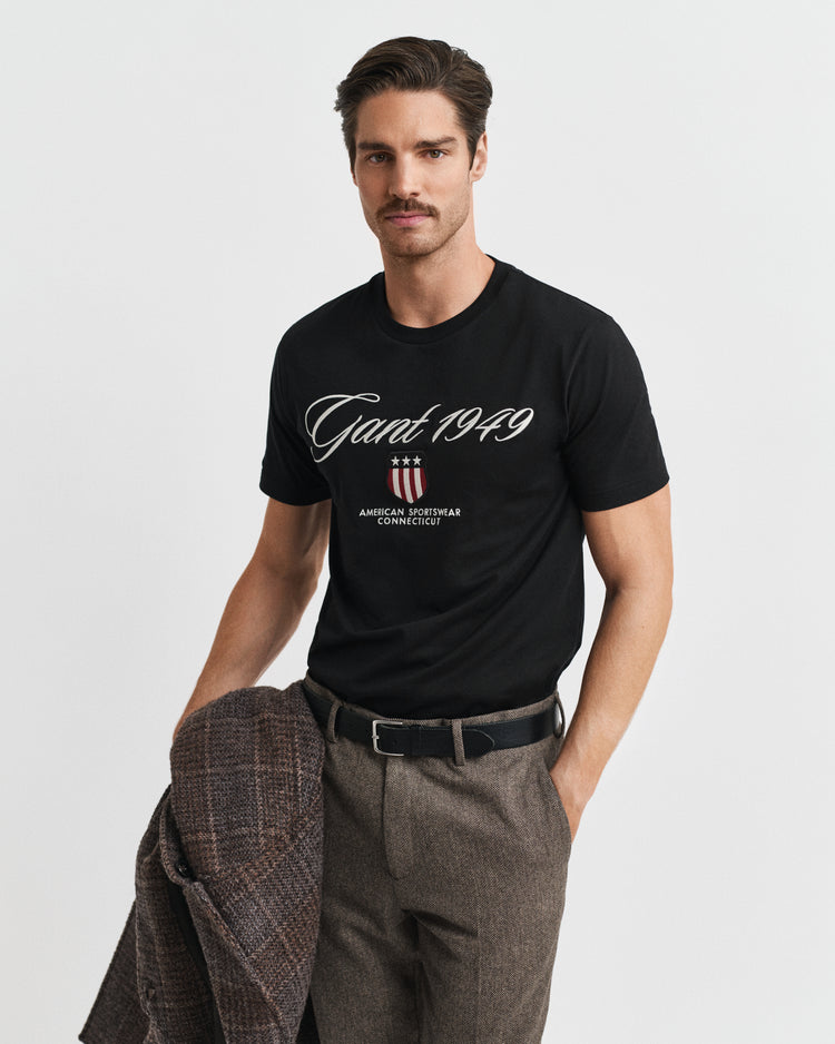 T-shirt męski z nadrukiem i okrągłym kołnierzykiem regular fit czarny