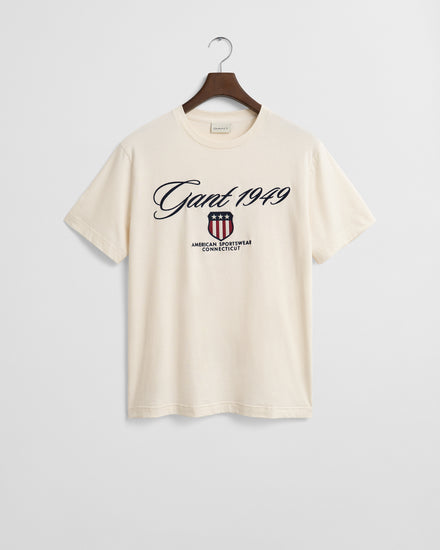 T-shirt męski z nadrukiem regular fit kremowy