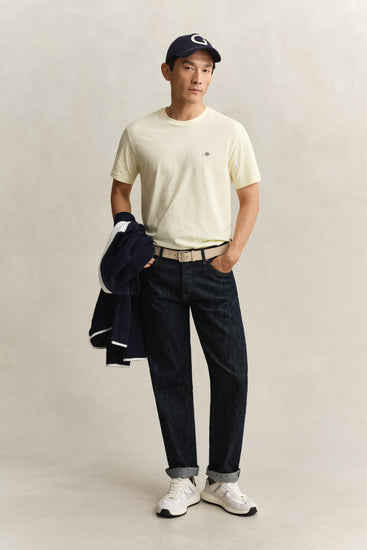 Bawełniany t-shirt męski z okrągłym kołnierzykiem regular fit żółty