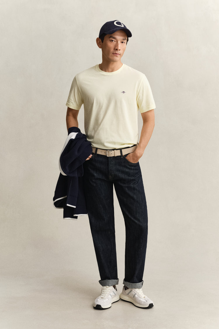 Bawełniany t-shirt męski z okrągłym kołnierzykiem regular fit żółty