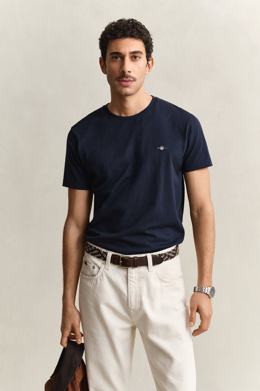 T-shirt męski z okrągłym dekoltem slim fit granatowy