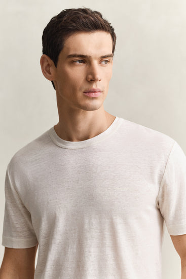 Lniany t-shirt męski z okrągłym kołnierzykiem regular fit biały