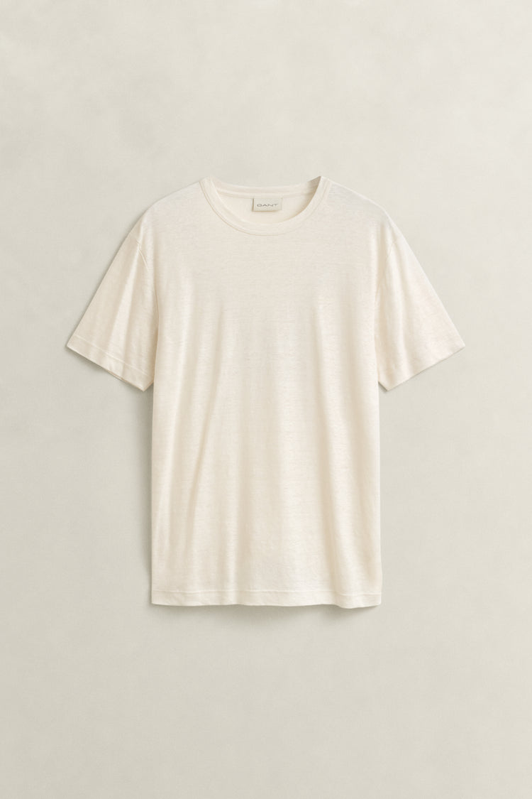 Lniany t-shirt męski z okrągłym kołnierzykiem regular fit biały