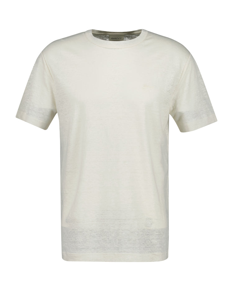 Lniany t-shirt męski z okrągłym kołnierzykiem regular fit biały