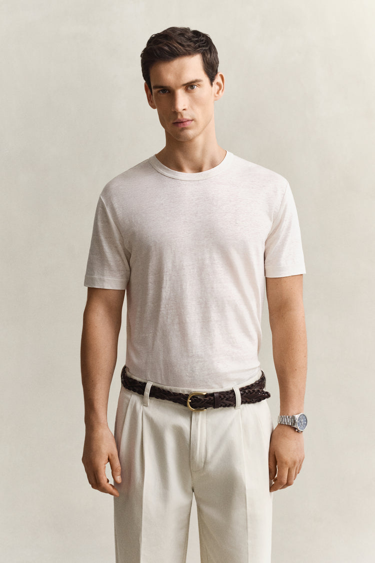 Lniany t-shirt męski z okrągłym kołnierzykiem regular fit biały