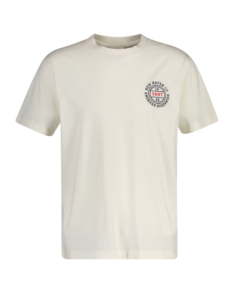 Bawełniany t-shirt męski z nadrukiem regular fit kremowy