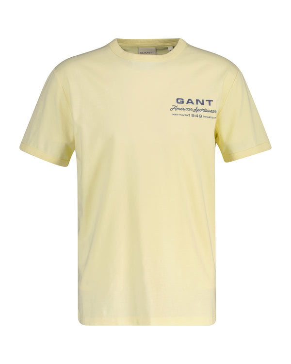 Bawełniany t-shirt męski z nadrukiem i okrągłym kołnierzykiem regular fit żółty