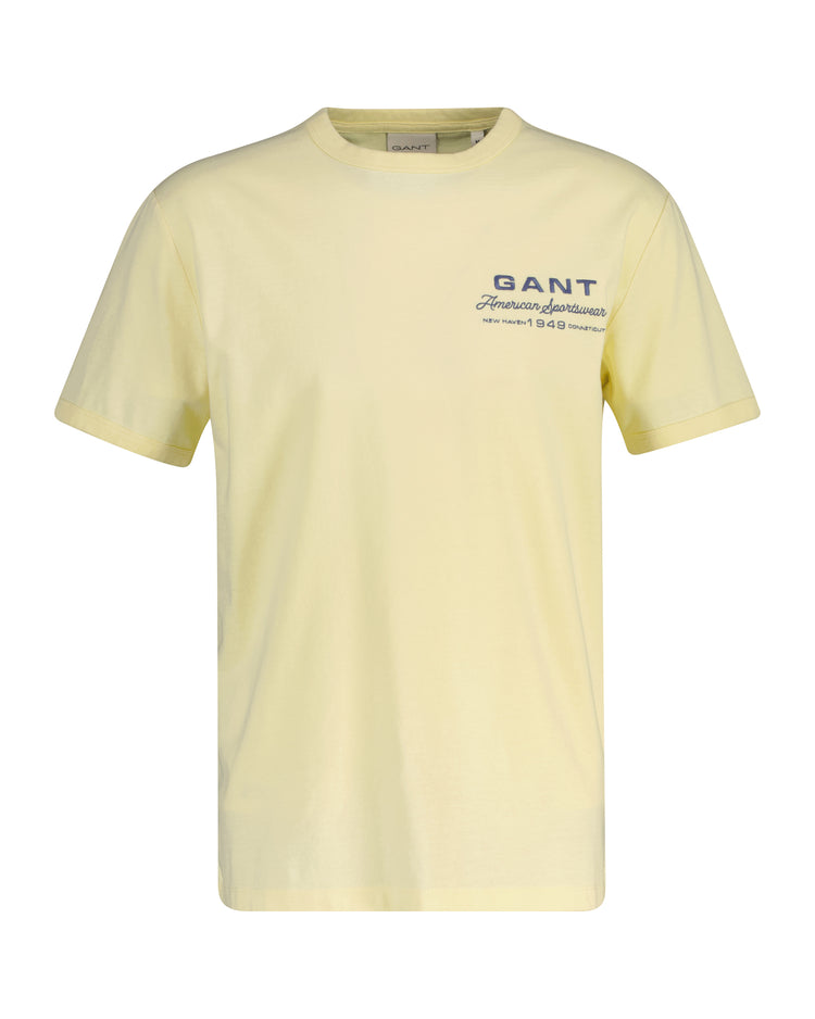 Bawełniany t-shirt męski z nadrukiem i okrągłym kołnierzykiem regular fit żółty