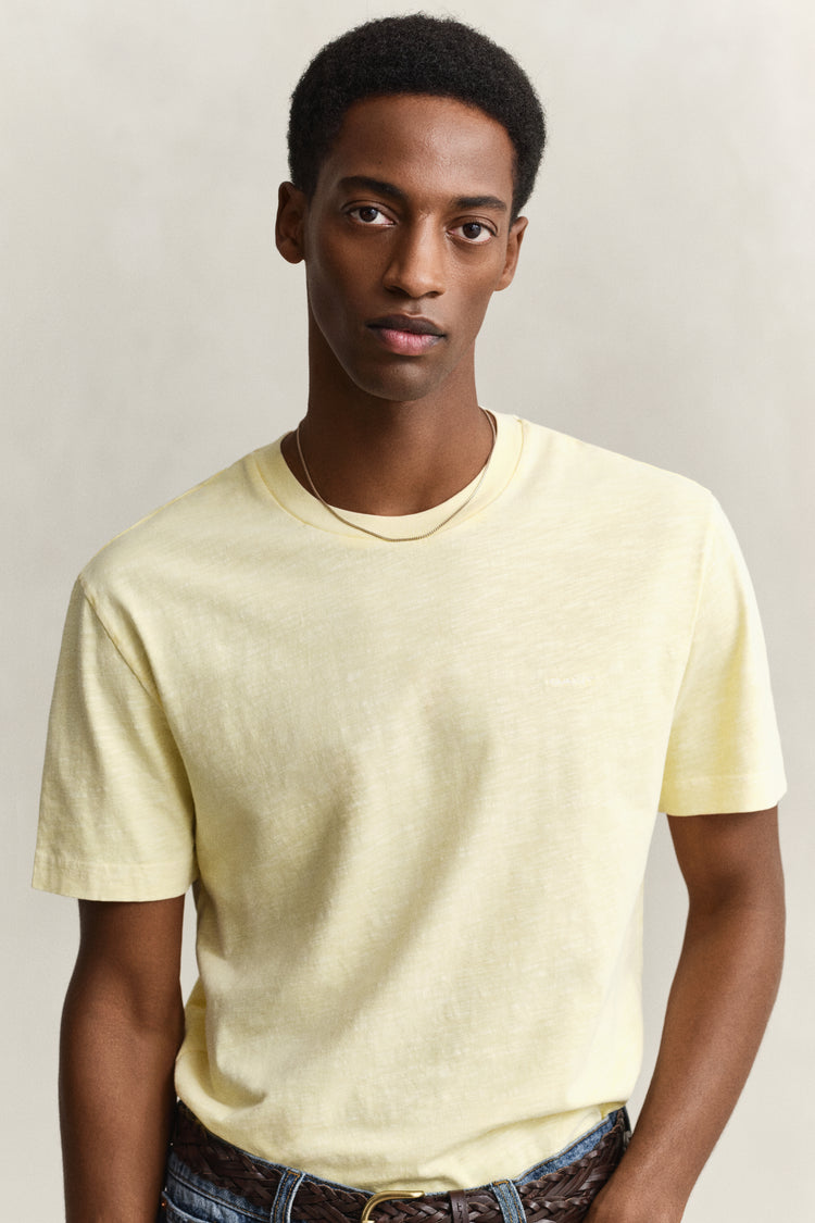 Bawełniany t-shirt męski z okrągłym dekoltem regular fit żółty