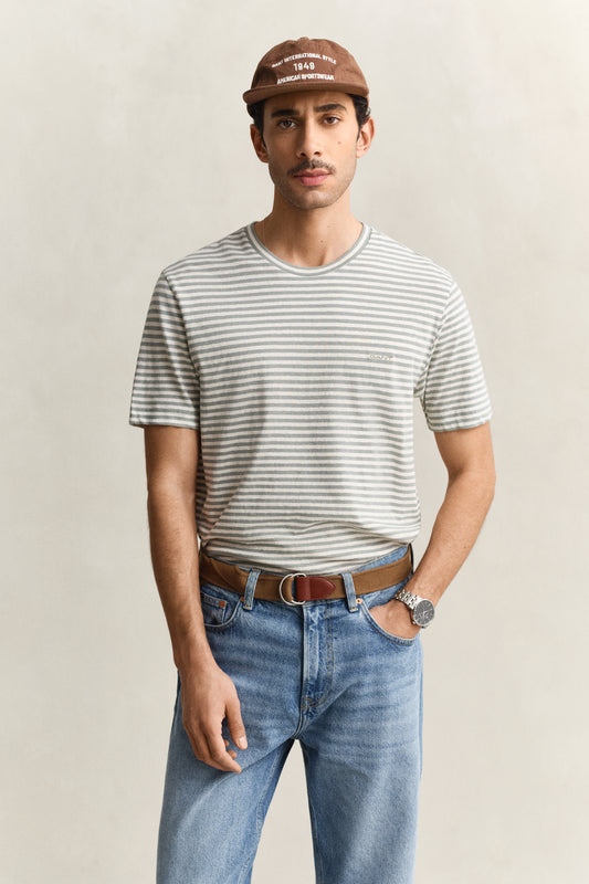 T-shirt męski w paski z krótkim rękawem regular fit szary