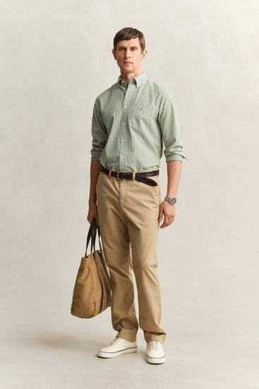 Bawełniana koszula męska w paski z długim rękawem regular fit zielona