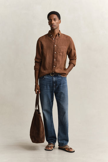 Lniana koszula męska z długim rękawem regular fit brązowa
