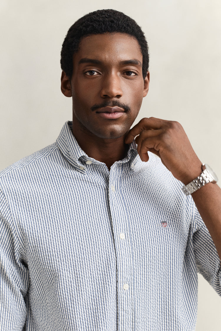 Bawełniana koszula męska w paski z długim rękawem regular fit