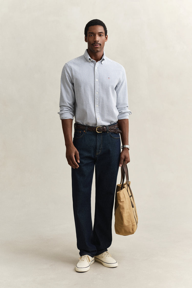 Bawełniana koszula męska w paski z długim rękawem regular fit