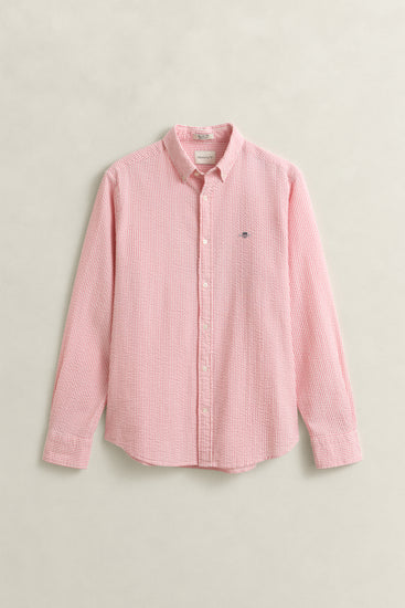 Bawełniana koszula męska w paski z długim rękawem regular fit różowa