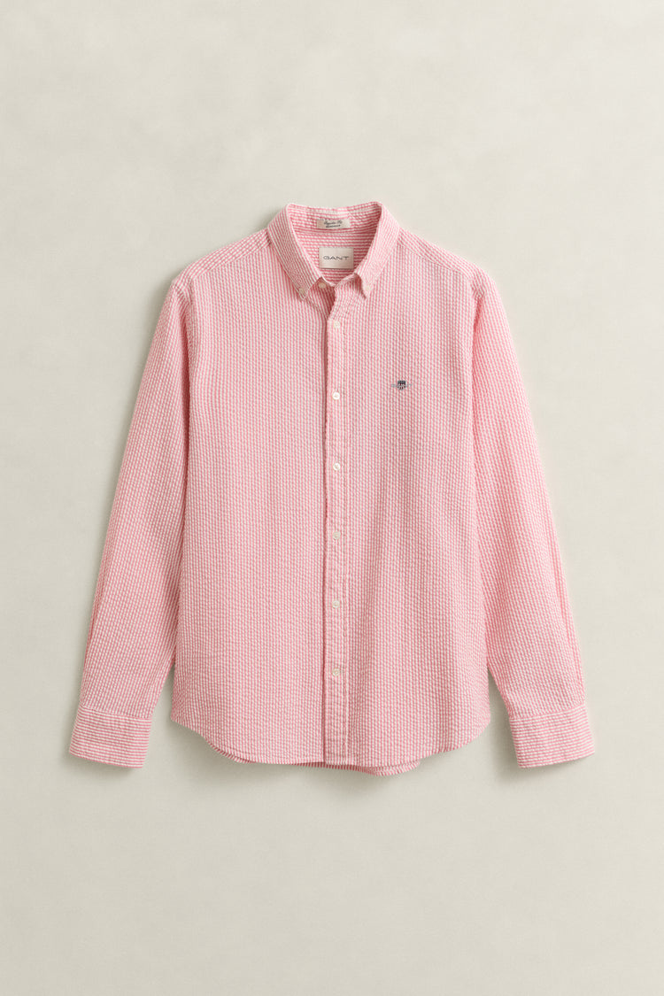 Bawełniana koszula męska w paski z długim rękawem regular fit różowa